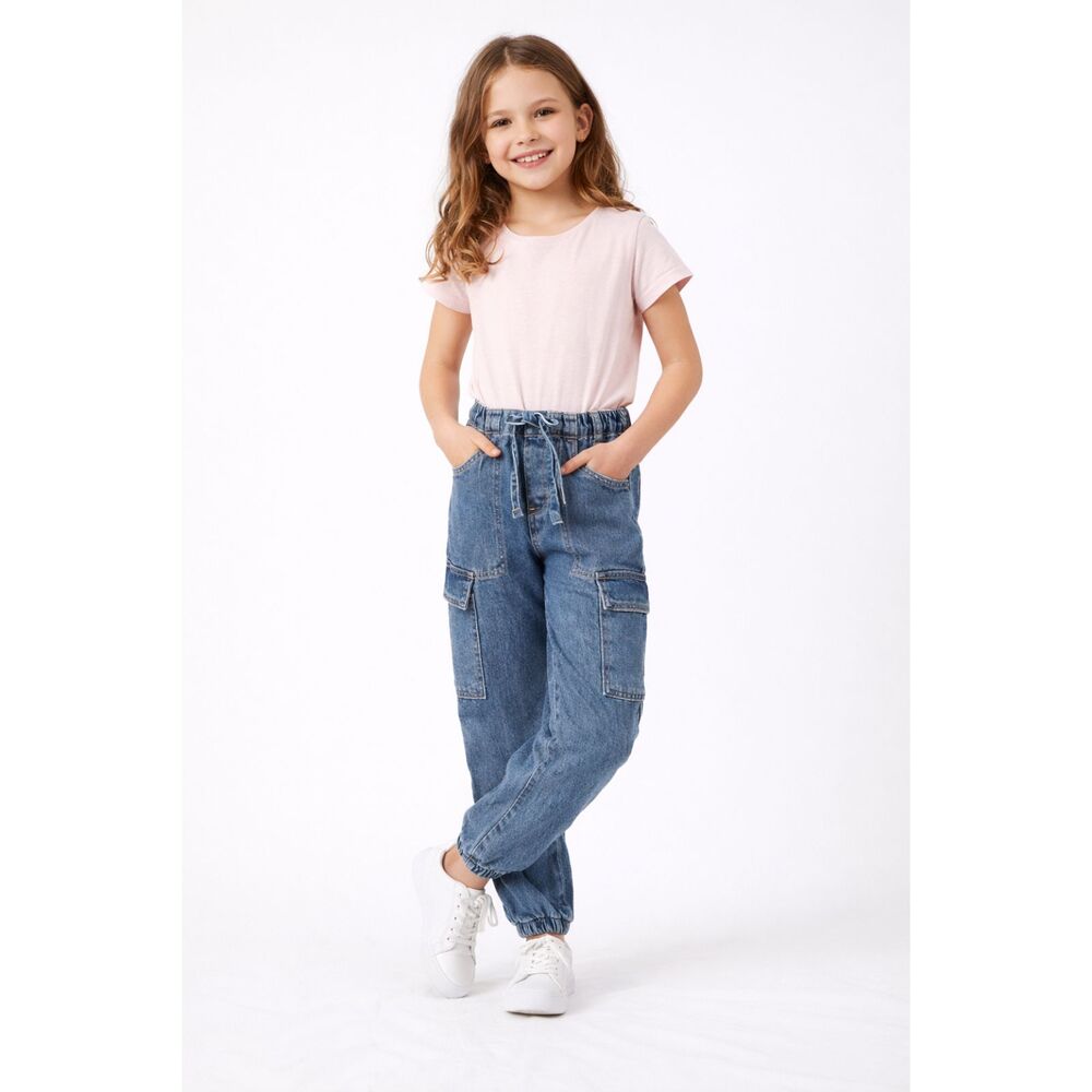 No Boundaries Girls Cargo Jeans Blue Denim Drawstring Elastic Hem Youth Pants